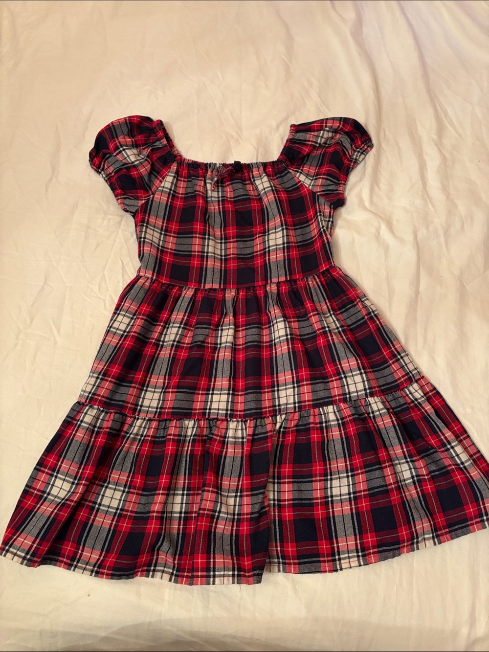 Place size 5/6 Red and Navy Plaid Puff-Sleeve Tiered Dress
